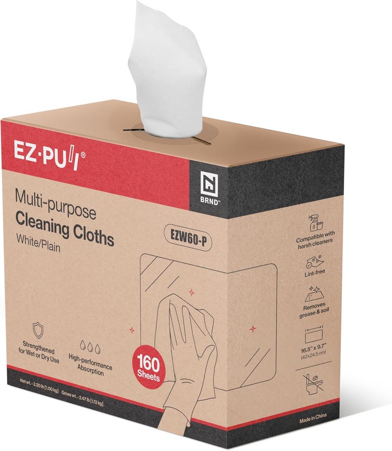 EZPULL EZbrnd Multi-Purpose Cleaning Cloths Towels, Pop Up Box, White Shop Towels, 160sheets/box [X60] - Image 1